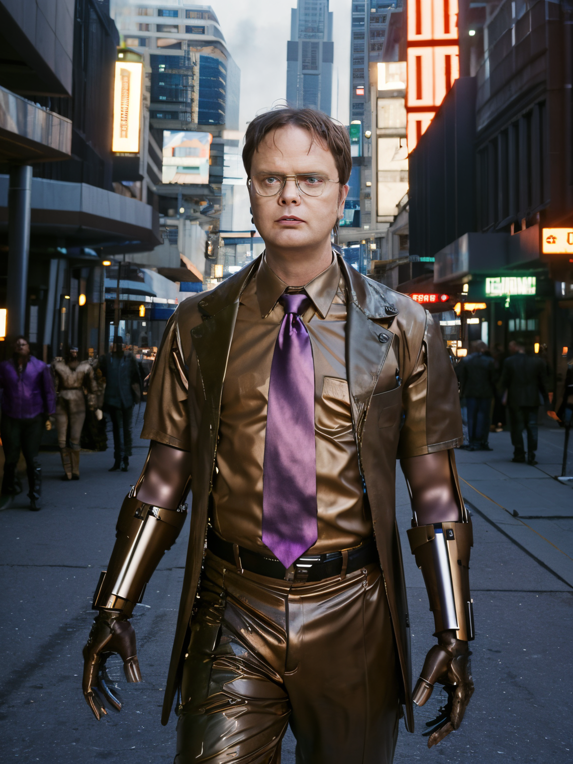(dwightschrute:1.2) portrait photo of a man wearing glasses and cyberpunk brown latex suit chrome mustard shirt and purple...